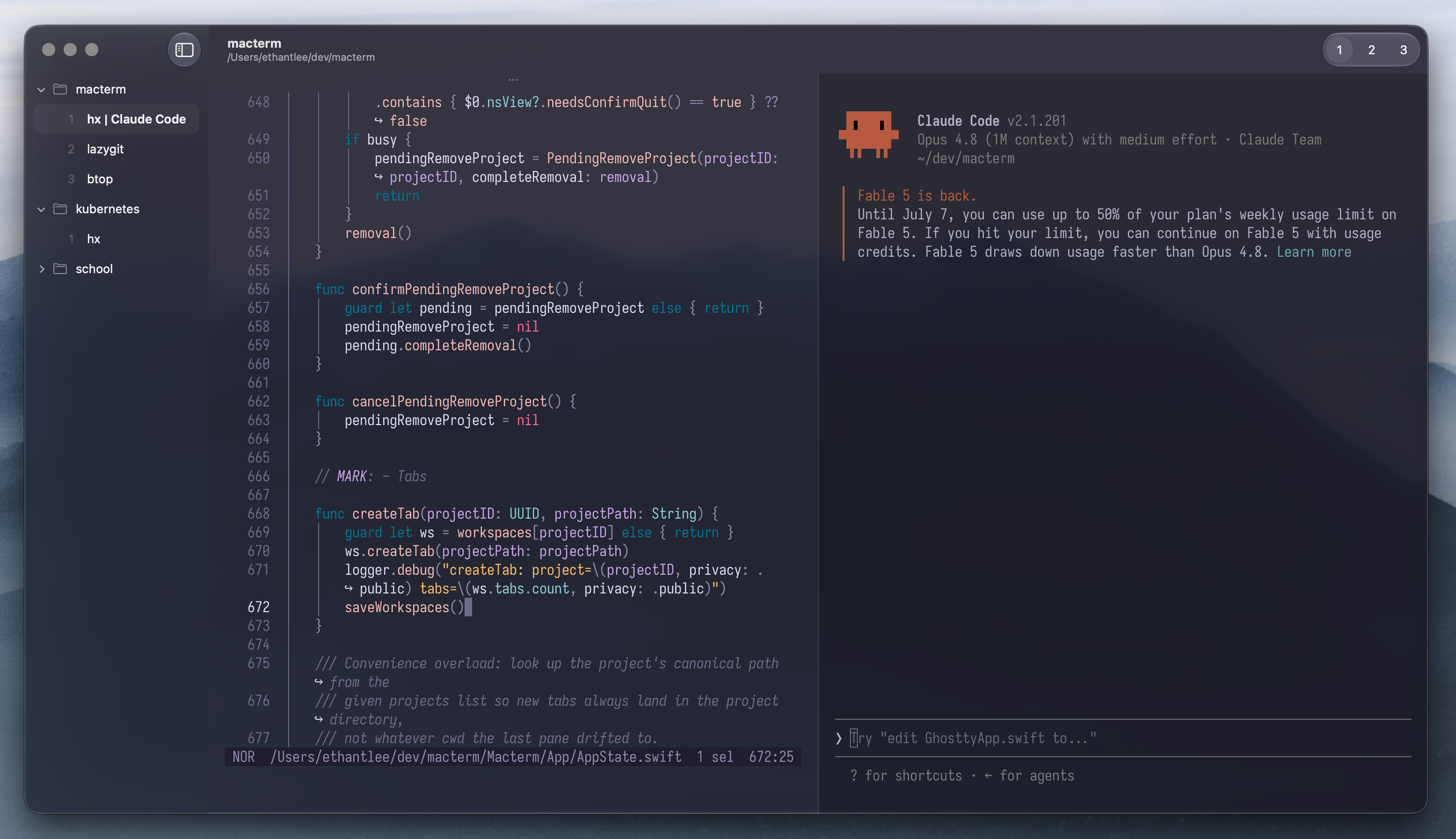 Macterm running on macOS — vertical project sidebar, editor, and a Claude Code split